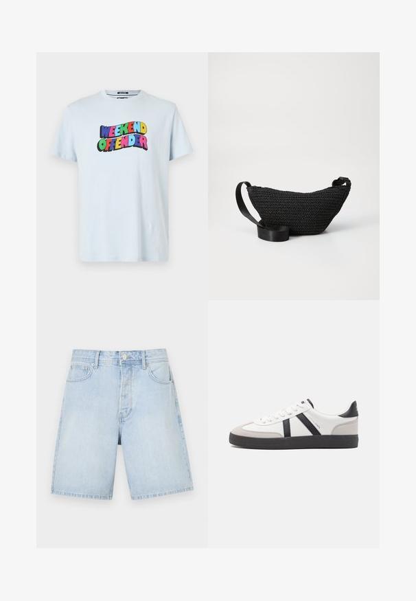Hellblaues Baumwoll-T-Shirt mit einem bunten "WEEKEND OFFENDER"-Grafikdruck über der Brust in fetten, verspielten Schriftarten.; Hellblaue Denim-Shorts mit geradem Schnitt, ausgestattet mit Fronttaschen, einem Knopfverschluss und lässigen Nähten. Glatte Textur ohne Muster.; Weiße Sneaker mit schwarz- und grau-aczenten, ausgestattet mit einer strukturierten grauen Zehenkappe, schwarzer Gummi-Sohle und flachen weißen Schnürsenkeln. Sauberes Design, minimalistische Stil.; Schwarze gewebte Stofftasche mit einer geschwungene Form, ausgestattet mit einem glatten schwarzen Riemen und einer strukturierten Außenseite. Geeignet für das Tragen quer über den Körper oder an der Hüfte.