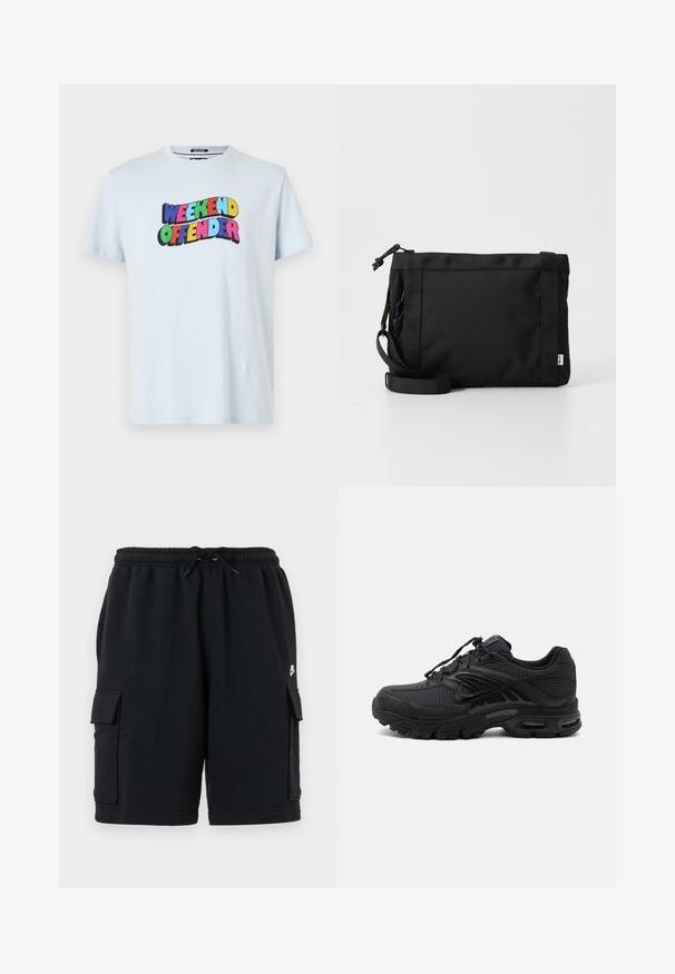 Ανοιχτό μπλε βαμβακερό t-shirt με ένα πολύχρωμο γραφικό "WEEKEND OFFENDER" εκτυπωμένο στο στήθος με έντονα, παιχνιδιάρικα γράμματα.; Μαύρα cargo σορτς από βαμβάκι με ελαστική μέση και κορδόνι, διαθέτουν δύο πλαϊνές τσέπες και μικρή διακοσμητική λεπτομέρεια με λογότυπο.; Μαύρο αθλητικό παπούτσι με υφασμάτινη υφή, παχιά μαξιλαρωτή σόλα, αεραγωγούς και κλείσιμο με κορδονάκια, εμφανίζεται από το πλάι σε ανοιχτό φόντο.; Μαύρη τσάντα ώμου από ύφασμα με υφή στην εξωτερική επιφάνεια, ρυθμιζόμενο λουρί και κλείσιμο με κορδόνι. Διαθέτει έντονη ραφή και ετικέτα στο πλάι.