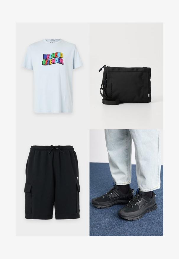 Lyseblå bomulds-t-shirt med et multicoloreret "WEEKEND OFFENDER" grafik trykt hen over brystet i fede, legende skrifttyper.; Sorte cargoshorts i bomuld med elastisk talje og snøre, der har to sidelommer og et lille logo.; Sorte træningssko med tekstureret stof og gummisåler, udstyret med elastiske snørebånd og en blå detalje på hælen. Bæres med lyse denimbukser.; Sort stof skuldertaske med en struktureret overflade, justerbar rem og snørelukning. Har kraftige syninger og et sideetiket.