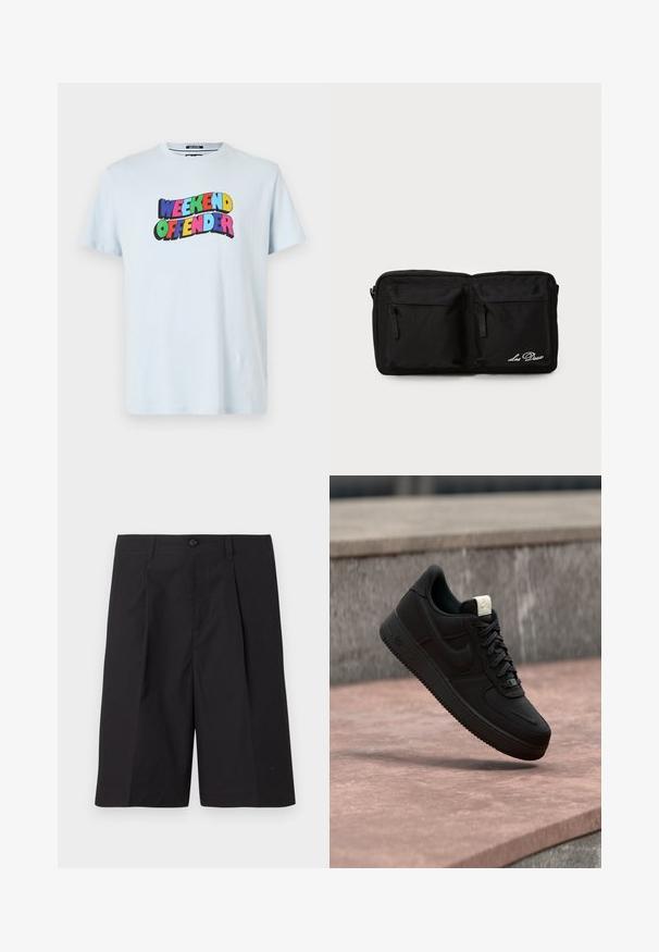 Hellblaues Baumwoll-T-Shirt mit einem bunten "WEEKEND OFFENDER"-Grafikdruck über der Brust in fetten, verspielten Schriftarten.; Schwarze maßgeschneiderte Shorts aus leichtem Stoff, mit Falten, einem Knopfverschluss und geradem Saum. Glatte Textur und keine sichtbaren Muster.; Schwarzer Nike Air Force 1 Sneaker, der über einer rosa Betonkante mit grauem Stein-Hintergrund schwebt und Seiten- sowie Oberseiten-Details zeigt.; Schwarze Stofftasche mit zwei vorderen Reißverschlusstaschen, gesticktem Text, rechteckiger Form, strapazierfähiger Textur und unauffälligem Design.