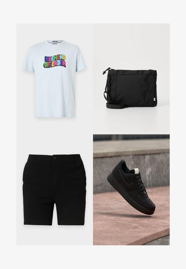 Ανοιχτό μπλε βαμβακερό t-shirt με ένα πολύχρωμο γραφικό "WEEKEND OFFENDER" εκτυπωμένο στο στήθος με έντονα, παιχνιδιάρικα γράμματα.; Μαύρα σορτς από υφασμάτινο υλικό με υφή, με ελαστική μέση και μία μόνο κουμπί. Σχεδιασμένα για καθημερινή χρήση με ίσια γραμμή.; Μαύρο αθλητικό παπούτσι Nike Air Force 1 που αιωρείται πάνω από μια ροζ τσιμεντένια ακμή με γκρι πέτρινο φόντο, δείχνοντας λεπτομέρειες από το πλάι και από πάνω.; Μαύρη τσάντα ώμου από ύφασμα με υφή στην εξωτερική επιφάνεια, ρυθμιζόμενο λουρί και κλείσιμο με κορδόνι. Διαθέτει έντονη ραφή και ετικέτα στο πλάι.
