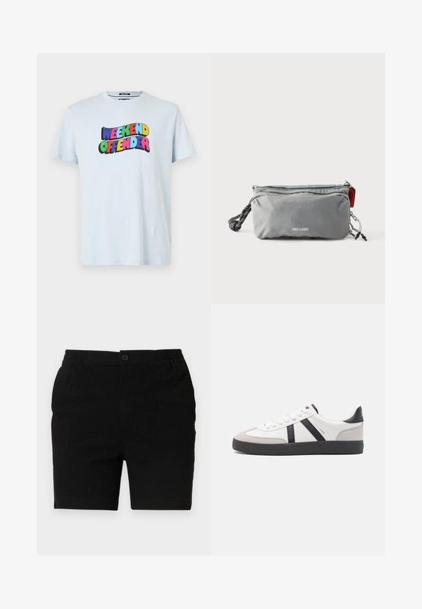 Ανοιχτό μπλε βαμβακερό t-shirt με ένα πολύχρωμο γραφικό "WEEKEND OFFENDER" εκτυπωμένο στο στήθος με έντονα, παιχνιδιάρικα γράμματα.; Μαύρα σορτς από υφασμάτινο υλικό με υφή, με ελαστική μέση και μία μόνο κουμπί. Σχεδιασμένα για καθημερινή χρήση με ίσια γραμμή.; Λευκό αθλητικό παπούτσι με μαύρες και γκρί λεπτομέρειες, featuring ένα υφή γκρί καλύμμα δαχτύλου, μαύρη καουτσούκ σόλα και επίπεδες λευκές κορδόνες. Καθαρός σχεδιασμός, μινιμαλιστικό στυλ.; Γκρι ορθογώνια θήκη με φερμουάρ, μαύρη και λευκή λαβή σχοινιού στη μία πλευρά και κείμενο "ONLY & SONS" στο κέντρο μπροστά.