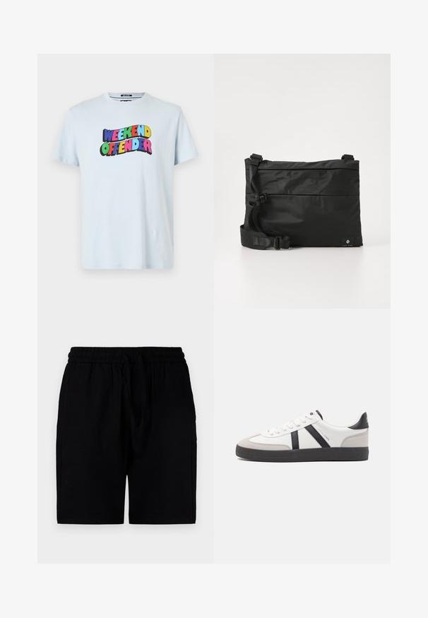 Lyseblå bomulds-t-shirt med et multicoloreret "WEEKEND OFFENDER" grafik trykt hen over brystet i fede, legende skrifttyper.; Sorte shorts lavet af et let materiale, med en elastisk linning og snor, sidelommer og en afslappet pasform.; Hvide sneakers med sorte og grå detaljer, med en tekstureret grå tåhætte, sort gummisål og flade hvide snørebånd. Rent design, minimalistisk stil.; Sort nylon messenger-taske med justerbar rem, fladt design og et sideetiket med et logo. Glat tekstur og minimalistisk stil.