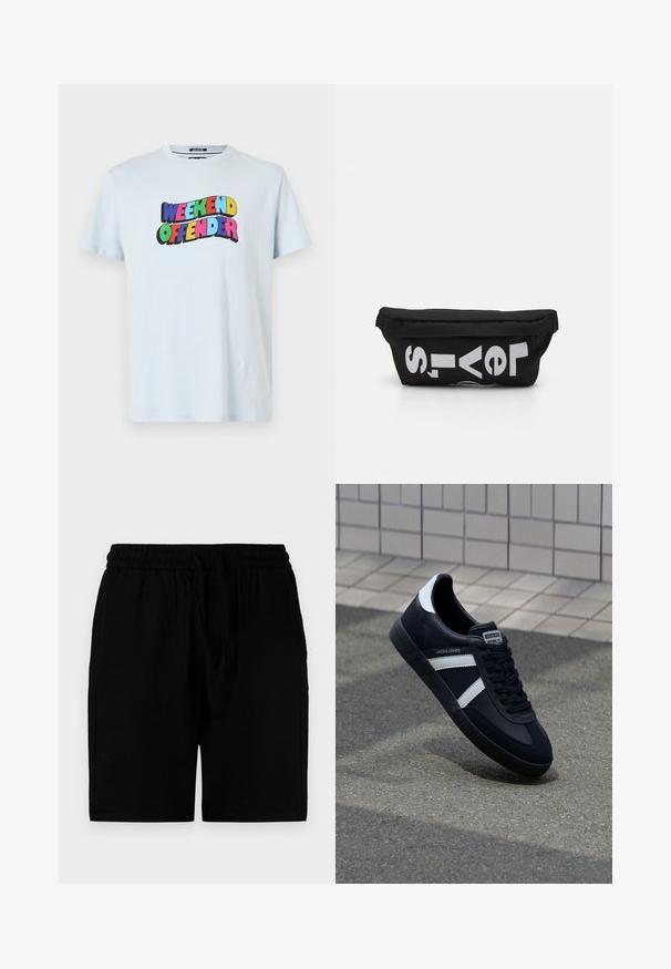 Lyseblå bomulds-t-shirt med et multicoloreret "WEEKEND OFFENDER" grafik trykt hen over brystet i fede, legende skrifttyper.; Sorte shorts lavet af et let materiale, med en elastisk linning og snor, sidelommer og en afslappet pasform.; Sort lædersneaker med hvide striber, tekstureret gummisål og snørrebånd foran. Har et brandet mærke på tungen.; Sort stoftaske med flad form, prydet med fed hvid tekst. Lynlåsen er placeret øverst, med en løkke detalje på den ene side.
