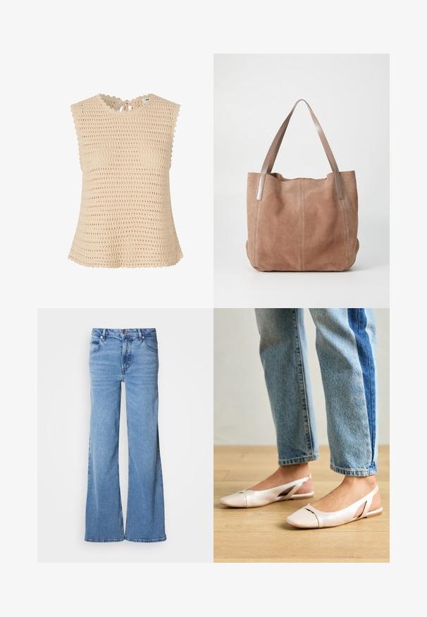 Top en tricot beige avec un tissage texturé et ouvert. Présente un col festonné, des liens à l'arrière et des manches courtes.; Jean large de couleur bleu clair en denim. Doté d'un design classique à cinq poches et d'une braguette à boutons apparents. Texture douce et finition unie.; Ballerines slingback rose pâle avec un bout pointu, fabriquées en un matériau semblable au cuir lisse. Présentent des découpes sur les côtés et un talon plat.; Anna Field by Zalando LEATHER - Cabas - taupe
