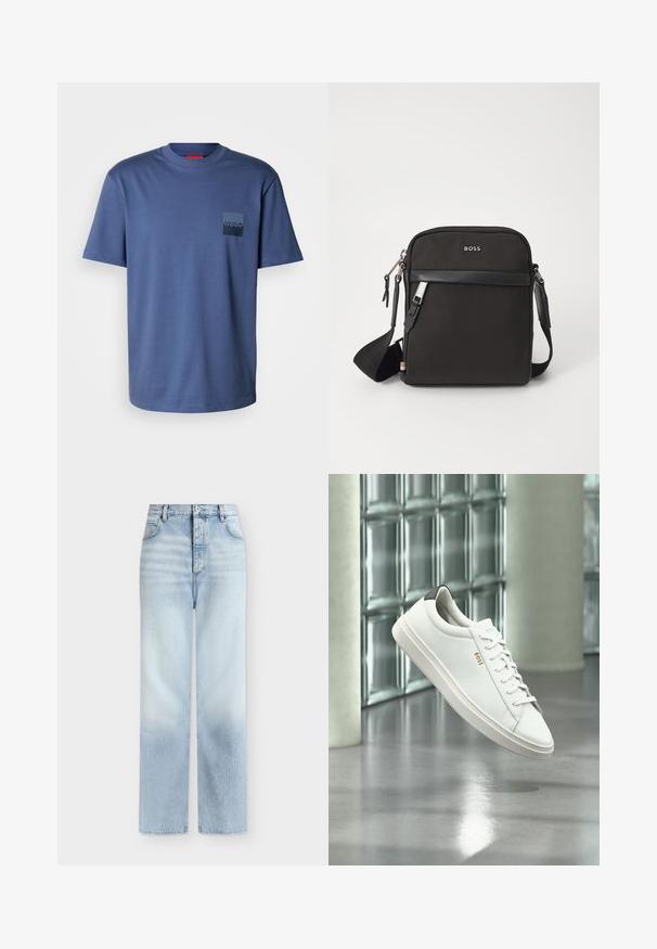 T-shirt bleu à manches courtes fabriqué en coton doux, avec une poche carrée ornée d'un logo bleu marine. Design classique à col rond.; Jeans bleu clair taille haute à jambes droites, avec poches avant, passants de ceinture et fermeture par bouton.; Baskets basses en cuir blanc avec lacets, languette de talon noire et logo « BOSS », flottant à l'intérieur près d'un mur en blocs de verre et d'un sol poli.; Sac bandoulière noir en tissu texturé, avec un logo sur le devant, fermeture éclair et une bandoulière réglable. Finitions en cuir lisse.