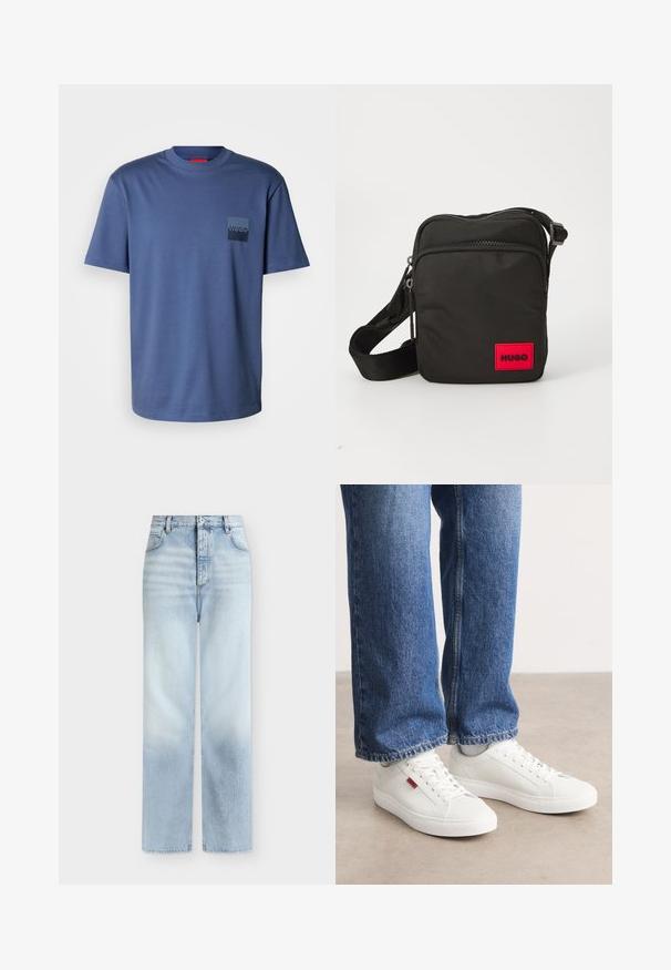 T-shirt bleu à manches courtes fabriqué en coton doux, avec une poche carrée ornée d'un logo bleu marine. Design classique à col rond.; Jeans bleu clair taille haute à jambes droites, avec poches avant, passants de ceinture et fermeture par bouton.; Baskets blanches avec une surface lisse, un bout rond et une semelle plate. Accompagnées d'un jean en denim bleu avec une coupe droite et des coutures visibles.; Sac en nylon noir à bandoulière avec un patch logo rectangulaire rouge, des compartiments zippés, une sangle ajustable et une surface texturée.