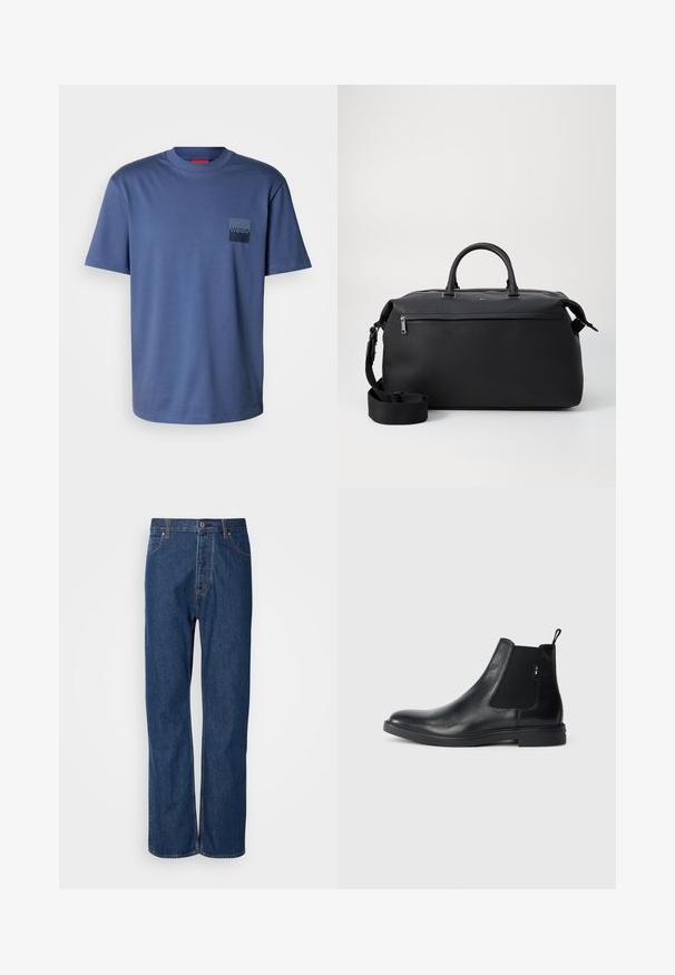 Blaues kurzärmliges T-Shirt aus weicher Baumwolle, mit einer quadratischen Tasche und einem dunkelblauen Logo. Klassisches Rundhalsdesign.; Blaue Jeans aus Denim mit geradem Bein, ausgestattet mit einem Knopfverschluss, fünf Taschen und kontrastierenden Nähten entlang der Säume.; Schwarze Leder Chelsea-Boots mit elastischen seitlichen Einsätzen, einer Zugschlaufe und einer flachen Gummisohle. Glatte Textur mit minimaler Ausgestaltung.; Schwarze Leder-Reisetasche mit zwei Oberhandgriffen, einem abnehmbaren Schultergurt und einer Reißverschlusstasche auf der Vorderseite für zusätzlichen Stauraum.