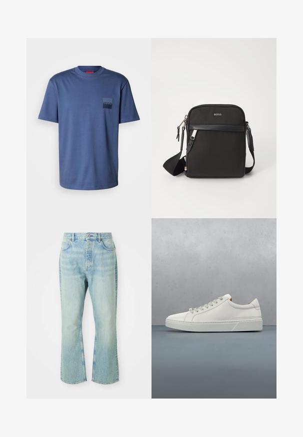 Blaues kurzärmliges T-Shirt aus weicher Baumwolle, mit einer quadratischen Tasche und einem dunkelblauen Logo. Klassisches Rundhalsdesign.; Hellblaue, ausgestellte Jean mit hoher Taille, ausgestattet mit fünf Taschen, Gürtelschlaufen und einem ausgewaschenen Denim-Look.; Weißes Leder-Sneaker mit abgerundetem Zehenbereich, minimalistisches Design, graue Schnürsenkel und einer strukturierten grauen Gummisohle. Dezente Nähte sichtbar.; Schwarze Umhängetasche aus strukturiertem Stoff, mit Logo auf der Vorderseite, Reißverschluss und verstellbarem Tragegurt. Verfügt über eine glatte Lederbesatz.