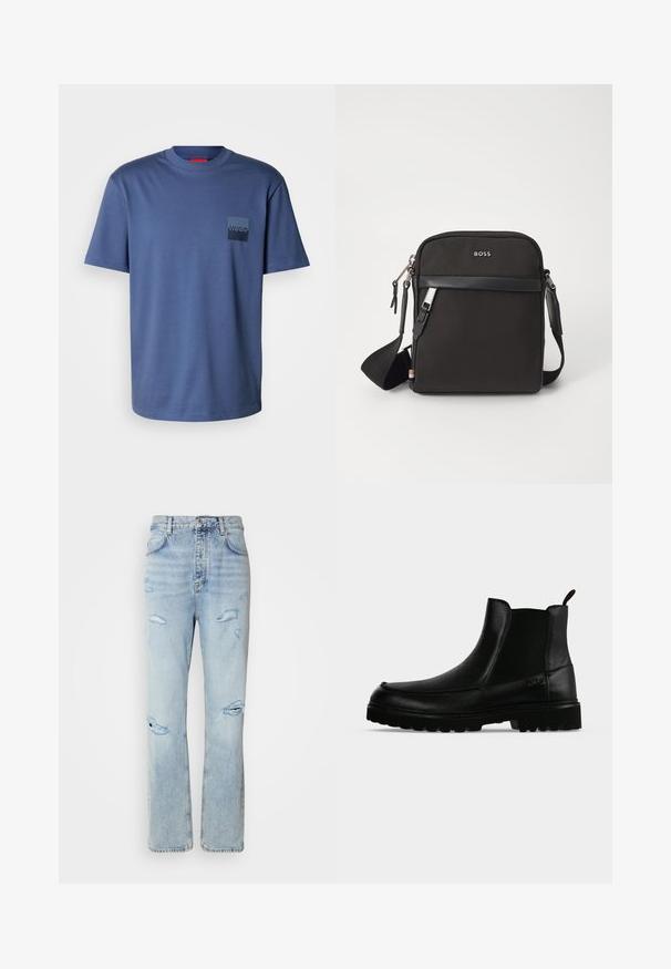 T-shirt bleu à manches courtes fabriqué en coton doux, avec une poche carrée ornée d'un logo bleu marine. Design classique à col rond.; Jean en denim délavé avec une coupe décontractée, présentant des zones déchirées et des bords effilochés. Le tissu a une texture douce et lisse.; Bottine noire en cuir avec semelle texturée, panneaux latéraux élastiques et languette de tirage sur fond gris clair.; Sac bandoulière noir en tissu texturé, avec un logo sur le devant, fermeture éclair et une bandoulière réglable. Finitions en cuir lisse.