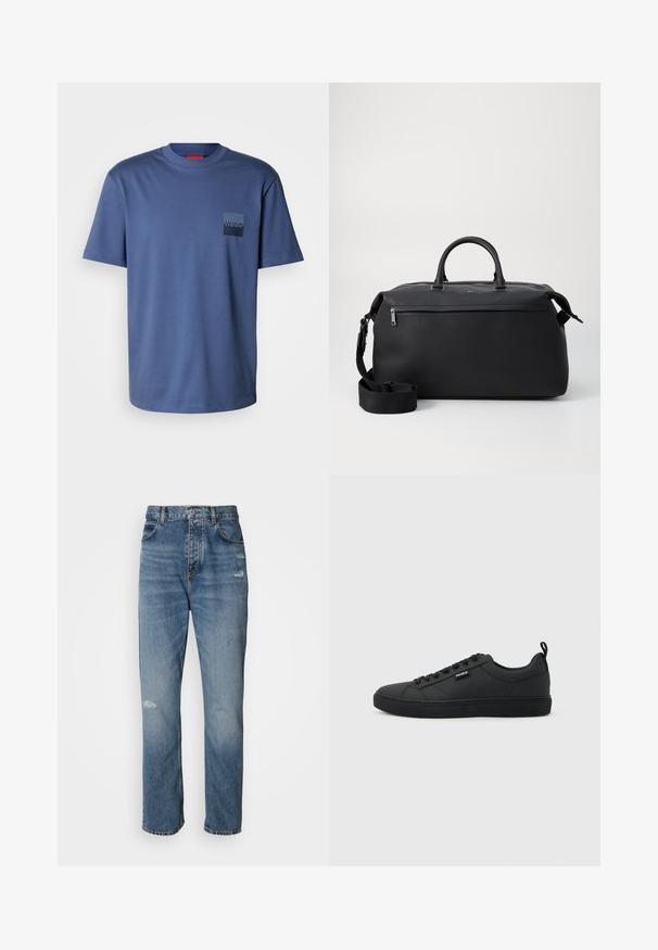 Blå kortærmet T-shirt lavet af blødt bomuld, med en firkantet lomme med et mørkeblåt logo. Klassisk rundhalsdesign.; Lyseblå denim jeans med lige ben-design, der har en knap- og lynlåslukning, fem lommer og slidte detaljer ved knæet.; Sort lavtop sneakers med snørelukning, flad sål og lille "HUGO"-mærke på siden, vist i profil mod en lys baggrund.; Sort læder duffel taske med to top hanke, en aftagelig skulderrem og en lynlåslomme foran til ekstra opbevaring.