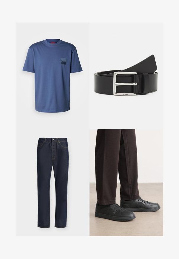 Blaues kurzärmliges T-Shirt aus weicher Baumwolle, mit einer quadratischen Tasche und einem dunkelblauen Logo. Klassisches Rundhalsdesign.; Dunkelblaue Jeans mit geradem Bein, vorne mit Knopf- und Reißverschluss, Gürtelschlaufen sowie Vorder- und Gesäßtaschen.; Schwarze Sneakers mit einer glatten, lederähnlichen Textur, runder Zehenpartie und Schnürdesign. Kombiniert mit dunklen, locker sitzenden Hosen. Flache Gummisohle.; Schwarzer Ledergürtel mit einer rechteckigen silbernen Schnalle, verfügt über dezente Markenkennzeichnung und eine glatte Textur. Die Enden laufen zu einer abgerundeten Form zu.