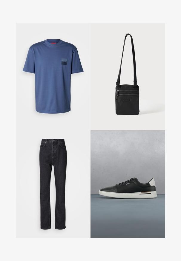 Blaues kurzärmliges T-Shirt aus weicher Baumwolle, mit einer quadratischen Tasche und einem dunkelblauen Logo. Klassisches Rundhalsdesign.; Hochtaillierte schwarze Jeans aus Denim mit Knopf- und Reißverschluss, Vorder- und Hintertaschen sowie einer geraden Passform.; Schwarze Ledersneaker mit weißer Sohle, ausgestattet mit Perforationen, Schnürdesign, Logo an der Seite und kontrastierenden Fersendetails in Weiß und Braun.; Schwarze Crossbody-Tasche mit zwei vorderen Reißverschlusstaschen und geprägt "BOSS" Logo, mit verstellbarem Schulterriemen.
