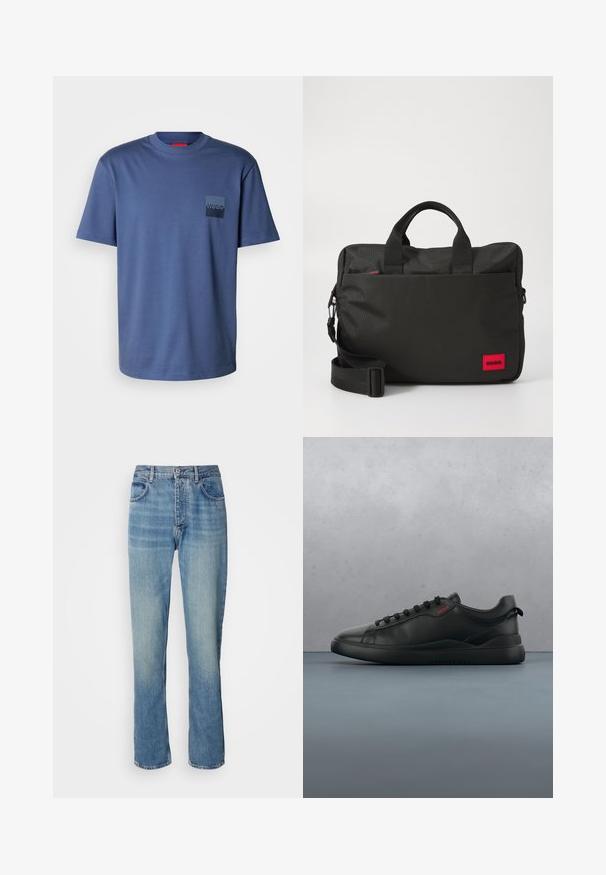 Blauw T-shirt met korte mouwen, gemaakt van zachte katoen, met een vierkante zak en een donkerblauw logo. Klassiek ontwerp met ronde hals.; Lichtblauwe rechte spijkerbroek met een hoge taille, een frontknop, ritssluiting en een vijf-pocket ontwerp.; HUGO BLAKE - Sneakers laag - black; Zwarte nylon laptoptas met dubbele handvatten bovenaan, verstelbare schouderriem, rode logo-accent en een gestructureerd voorpaneel, met een ritssluiting hoofdcompartiment.
