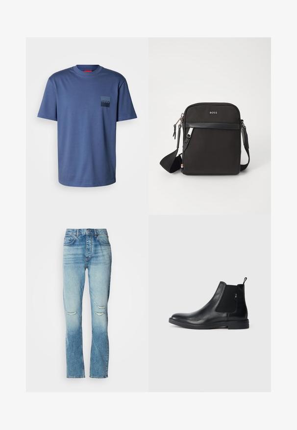 Blaues kurzärmliges T-Shirt aus weicher Baumwolle, mit einer quadratischen Tasche und einem dunkelblauen Logo. Klassisches Rundhalsdesign.; Damen Jeans in mittelhoher Taillenhöhe, blauer Farbton mit dezenter Waschung, zerstörte Stellen an beiden Knien, gerade Beinform und klassisches Fünf-Taschen-Design.; Schwarze Leder Chelsea-Boots mit elastischen seitlichen Einsätzen, einer Zugschlaufe und einer flachen Gummisohle. Glatte Textur mit minimaler Ausgestaltung.; Schwarze Umhängetasche aus strukturiertem Stoff, mit Logo auf der Vorderseite, Reißverschluss und verstellbarem Tragegurt. Verfügt über eine glatte Lederbesatz.