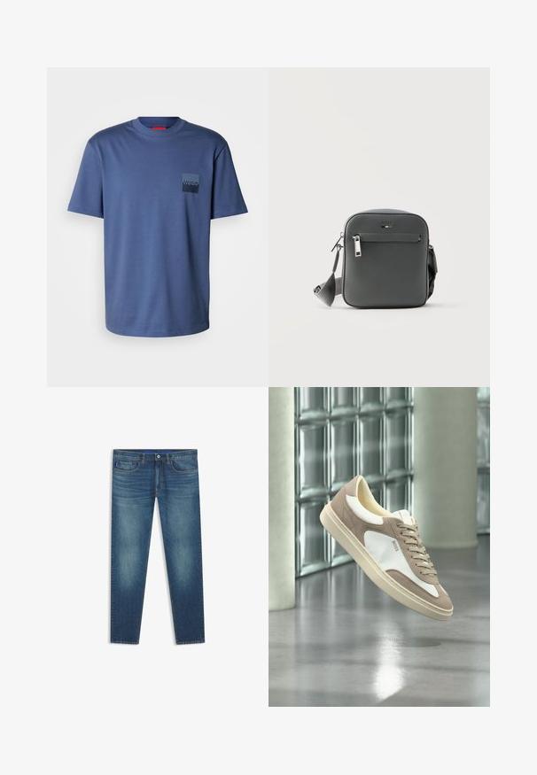 Camiseta de manga corta azul, hecha de suave algodón, con un bolsillo cuadrado que lleva un logo azul oscuro. Diseño clásico de cuello redondo.; Jeans de mezclilla azul oscuro con corte de pierna recta. Cuenta con cinco bolsillos, trabillas para cinturón y un desgaste sutil en los muslos. Etiqueta de la marca en la cintura.; Zapatilla de ante beige y blanca con cordones y el logo "BOSS", flotando sobre un suelo de hormigón pulido con paredes de bloques de vidrio al fondo.; Bolso bandolera compacto BOSS negro con bolsillo frontal con cremallera, correa ajustable y superficie de cuero texturizado sobre un fondo blanco liso.