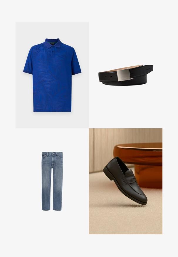 Kurzarm-Polohemd in lebhaftem Blau mit strukturiertem Palmenblattmuster, ausgestattet mit einem Kragen und einer Drei-Knopf-Leiste. Glattes Material.; Gerade geschnittene blaue Denim-Jeans mit Vordertaschen, Gürtelschlaufen und Knopfverschluss.; Schwarzer Lederloafer mit niedrigem Absatz, abgesteppten Details und einem markierten Riemen, auf einem beigen Teppich neben einem runden Holztisch platziert.; Schwarzer Ledergürtel mit quadratischer silberner Schnalle, graviert mit kleinem Calvin Klein Logo auf weißem Hintergrund.