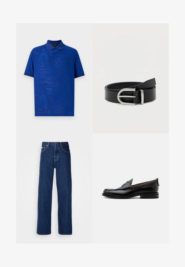 Polo de manga corta en azul vibrante con un patrón texturizado de hojas de palma, con cuello y tapeta de tres botones. Tejido suave.; Vaqueros de mezclilla azul oscuro con un diseño de pierna ancha, que presentan un cierre de botón y el clásico estilo de cinco bolsillos. La tela tiene una textura suave.; Mocasín de hombre de piel negra con costura moc toe, tira penny, cuello texturizado y tacón bajo apilado sobre fondo blanco.; Cinturón de cuero negro con una textura suave, que presenta una hebilla de metal plateado y una forma rectangular clásica.