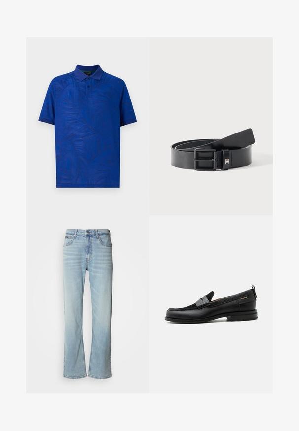 Polo à manches courtes de couleur bleu vif avec un motif texturé de feuilles de palmier, doté d'un col et d'une patte de boutonnage à trois boutons. Tissu lisse.; Jeans en denim bleu clair avec une coupe droite, dotés de cinq poches, d'une fermeture à bouton et d'une légère décoloration sur le tissu.; Mocassin en cuir noir avec détail de bride grise, talon bas et semelle texturée, marqué "HUGO" en or sur le côté.; Ceinture en cuir noir avec boucle métallique noire mate, légèrement enroulée avec l'extrémité de la lanière reposant sur une surface blanche.