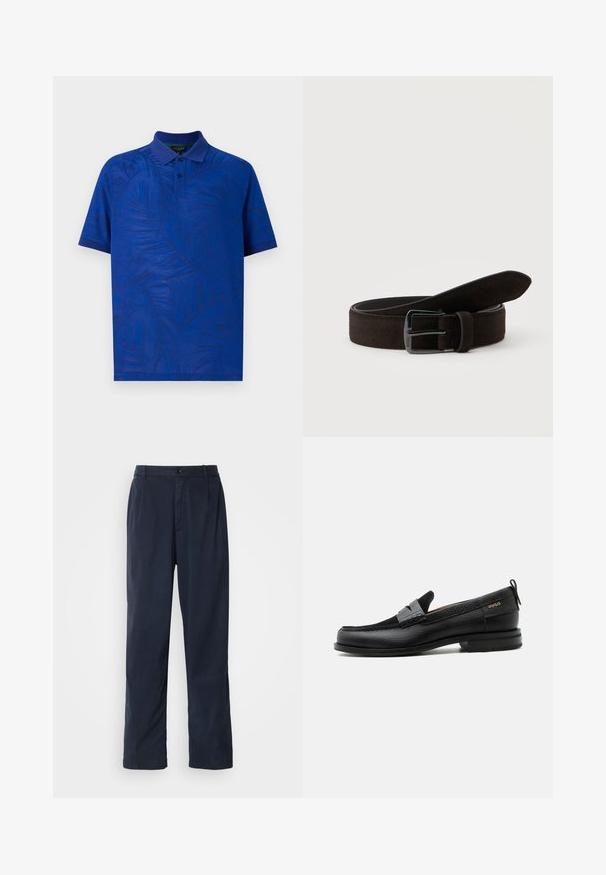 Polo de manga corta en azul vibrante con un patrón texturizado de hojas de palma, con cuello y tapeta de tres botones. Tejido suave.; Pantalones azul marino de mezcla de algodón. Cuentan con un diseño de pierna recta, cierre frontal con boton, y pliegues sutiles. Textura suave.; Mocasín de cuero negro con detalle de tira gris, tacón bajo y suela texturizada, con la marca "HUGO" en oro en el lateral.; Cinturón de ante marrón oscuro enrollado con hebilla metálica negra rectangular sobre un fondo liso y claro.