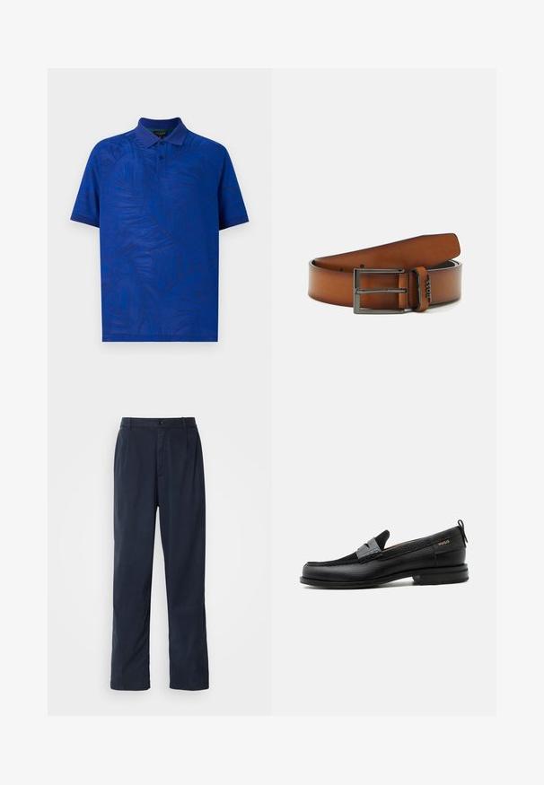Kortærmet polo t-shirt i livlig blå med et tekstureret palmebladsmønster, med krave og tre-knaps placket. Glat stof.; Mørkeblå bukser lavet af en bomuldsblanding. Har et lige ben design, en frontknaplukning og diskrete plisser. Glat tekstur.; Sort læderloafer med grå remdetalje, lav hæl og tekstureret sål, mærket med "HUGO" i guld på siden.; Brun læderbælte med en mat sort metalspænde, der har en enkelt prong og fem huller til justering, præget logo-detalje.