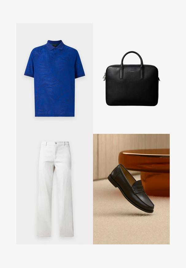 Polo à manches courtes de couleur bleu vif avec un motif texturé de feuilles de palmier, doté d'un col et d'une patte de boutonnage à trois boutons. Tissu lisse.; Pantalon gris clair avec une coupe droite, fabriqué dans un tissu lisse, doté d'une fermeture à bouton à l'avant et de poches latérales.; Chaussure mocassin en cuir noir suspendue au-dessus d’un tapis beige avec du mobilier moderne couleur ambre en arrière-plan.; Mallette en cuir noir texturé avec double poignées et tirettes de fermeture éclair argentées, centrée sur fond blanc.
