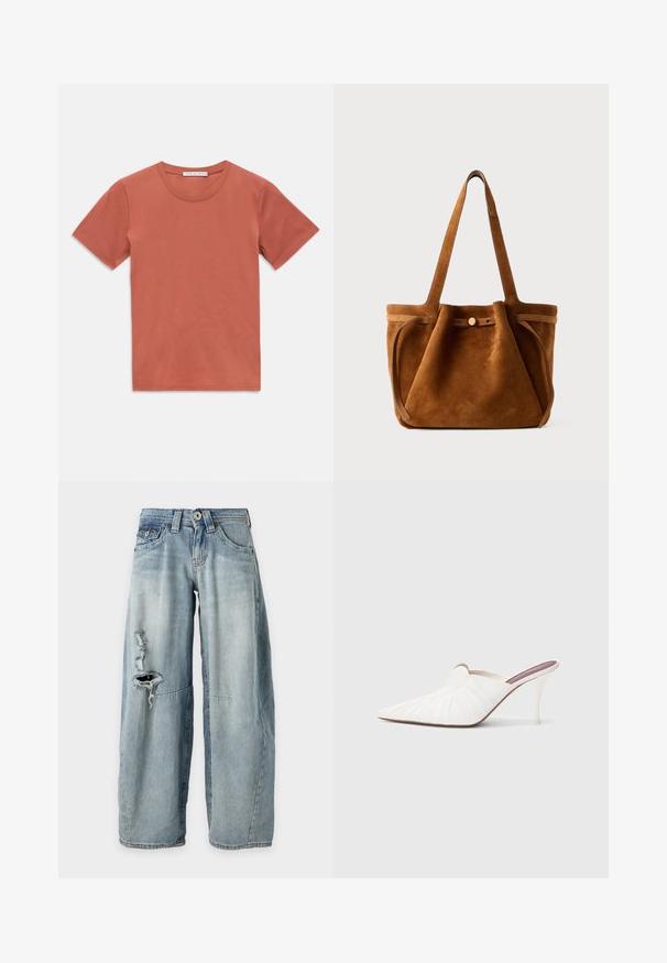 Kortebloushirt met korte mouwen en ronde hals in een gedempte terracotta kleur, plat gelegd tegen een witte achtergrond, met een klein merklabel aan de binnenkant van de kraag.; Lichtblauwe jeans met wijde pijpen, een gescheurde opening op het bovenste deel van het linkerbeen, vijf zakken, riemlussen en een vervaagde wassing.; Witte mules met een puntige neus, geplooide textuur op het bovenwerk en een slanke naaldhak. Gladde oppervlakte en minimalistisch ontwerp.; Bruine suède totebag met dubbele handvaten, een knoopsluiting en een ontspannen, iets slonzige vorm.