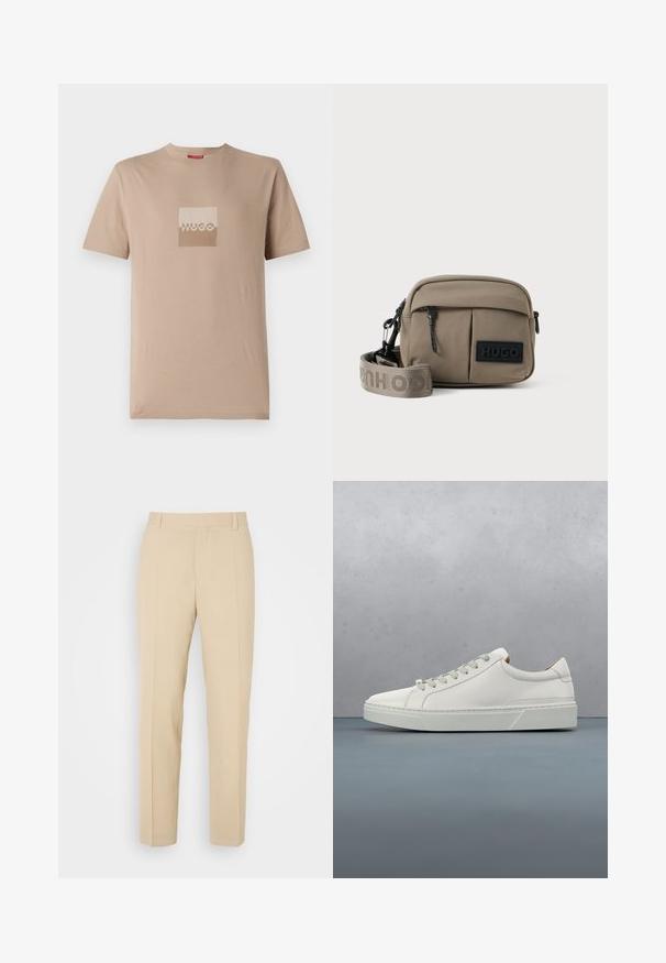 Beige t-shirt gemaakt van katoen, met een vierkant logo in wit en lichtbruine tinten. Korte mouwen, ronde hals, standaard pasvorm.; Beige op maat gemaakte broek met een recht gesneden ontwerp, gemaakt van lichtgewicht stof, met twee voorzakken en nette, geplooide vouwen.; Witte leren sneaker met een ronde neus, minimalistisch ontwerp, grijze veters en een gestructureerde grijze rubberen zool. Fijne stikdetails zichtbaar.; Khaki nylon schoudertas met twee ritszakken aan de voorkant, verstelbare schouderriem en een zwart logo-etiket aan de voorkant. Soepele textuur.