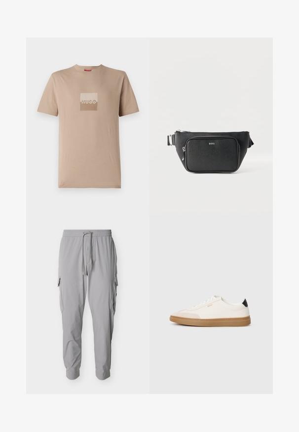 Beige t-shirt gemaakt van katoen, met een vierkant logo in wit en lichtbruine tinten. Korte mouwen, ronde hals, standaard pasvorm.; Lichtgrijze cargobroek met elastische tailleband, trekkoord, zijflappzakken en taps toelopende enkels.; Witte sneakers met beige accenten, bovenwerk van glad leer, ronde neus en rubberen gumzool, met een zwarte hieltab en subtiele branding.; Zwarte getextureerde leren heuptas met voorvak met ritssluiting en zilverkleurig "BOSS"-logo, verstelbare riem en hoofdvak met ritssluiting.