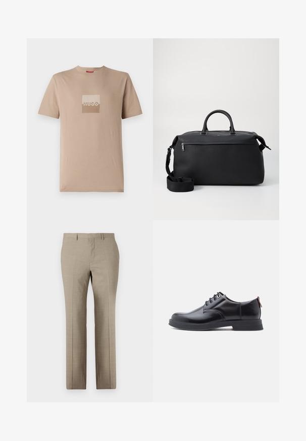 T-shirt beige en coton, avec un logo carré dans des teintes blanches et marron clair. Manches courtes, col rond, coupe standard.; Pantalons beige sur mesure avec une texture lisse, design à jambe droite, motif à carreaux subtil et devant plat. Deux poches arrière incluses.; Chaussures en cuir noir à lacets avec une texture lisse, un bout arrondi et des détails de couture discrets. Présentent une languette rouge à l'arrière.; Sac de voyage en cuir noir avec deux poignées supérieures, une bandoulière amovible et une poche avant zippée pour un espace de rangement supplémentaire.