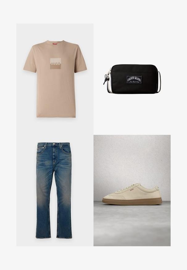 Camiseta beige hecha de algodón, con un logo cuadrado en tonos blancos y marrones claros. Mangas cortas, cuello redondo, corte estándar.; Vaqueros de mezclilla azul con un diseño de pierna recta, que cuentan con cinco bolsillos, un cierre de botón y un acabado desgastado. La textura es suave con costuras visibles.; Zapatilla de ante beige claro con suela de goma color caramelo, cordones prominentes y detalles de costura sutiles. Diseño limpio con una estética minimalista.; Bolso bandolera rectangular negro con parche de logo blanco "Calvin Klein New York City" y correa ajustable con clip metálico.