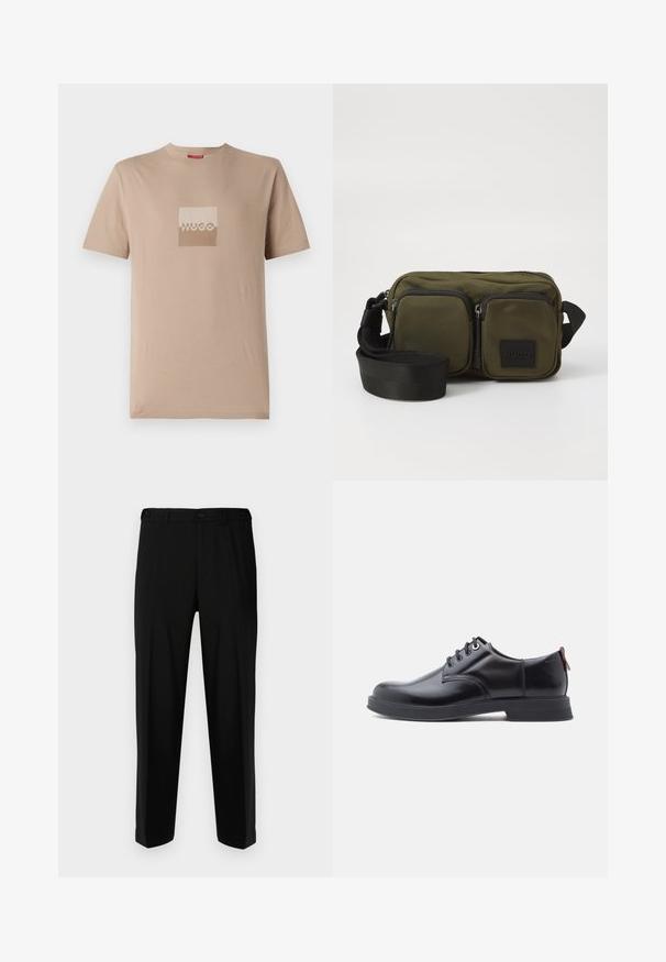 Beige t-shirt gemaakt van katoen, met een vierkant logo in wit en lichtbruine tinten. Korte mouwen, ronde hals, standaard pasvorm.; Zwarte broek van gladde stof, met een rechte snit, twee voorzakken en een ritssluiting met knoopsluiting.; Zwarte leren veter schoenen met een gladde textuur, ronde neus en subtiel stiksel detail. Voorzien van een rode trekband op de hiel.; Oliegroene stoffen schoudertas met twee voorzakken met rits, verstelbare zwarte strap en zwart logo-opdruk. Rechthoekige vorm met een gestructureerd oppervlak.