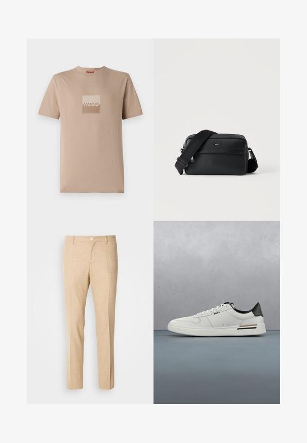 Beige T-Shirt aus Baumwolle, mit einem quadratischen Logo in Weiß und hellbraunen Farbtönen. Kurze Ärmel, Rundhalsausschnitt, normale Passform.; Beige maßgeschneiderte Hosen aus strukturierter Stoff, mit geradem Bein-Design, vorderen Falten und einem einzigen Knopfverschluss an der Taille.; Weißer Sneaker mit niedrigem Schnitt und schwarzer Ferse, Schnürverschluss, dezenten Perforationen und "BOSS"-Logo an der Seite, gezeigt von der äußeren Seitenansicht.; Schwarze, strukturierte Leder-Crossbody-Tasche mit vorderer Reißverschlusstasche und verstellbarem breitem Stoff-Schulterriemen auf weißem Hintergrund.