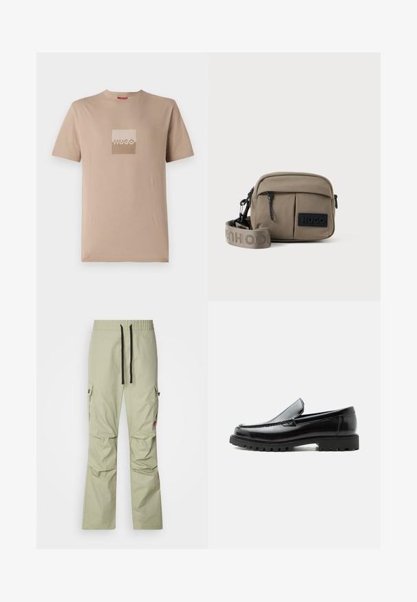 Camiseta beige hecha de algodón, con un logo cuadrado en tonos blancos y marrones claros. Mangas cortas, cuello redondo, corte estándar.; Pantalones cargo verde claro con un corte relajado, cintura elástica, cordón negro, dos bolsillos laterales y detalles de costura sutiles.; Mocasín de cuero negro con suela de goma gruesa, empeine cosido y nombre de la marca en relieve en el talón, mostrado en perfil lateral sobre fondo blanco.; Bolso cruzado de nailon caqui con dos bolsillos frontales con cremallera, correa ajustable y un parche negro con el logo en la parte frontal. Textura suave.
