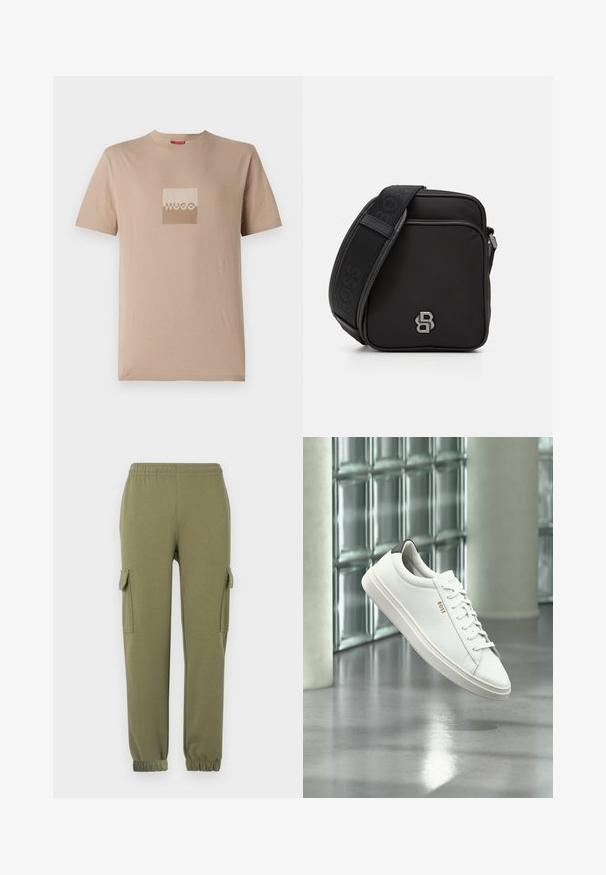 T-shirt beige en coton, avec un logo carré dans des teintes blanches et marron clair. Manches courtes, col rond, coupe standard.; Pantalons cargo en tissu léger vert olive, dotés de poches latérales, d'une taille élastique et de poignets fuselés pour un ajustement parfait.; Baskets basses en cuir blanc avec lacets, languette de talon noire et logo « BOSS », flottant à l'intérieur près d'un mur en blocs de verre et d'un sol poli.; Sac crossbody noir en tissu texturé avec fermeture éclair. Présente un accent logo et une sangle ajustable à motif. Design compact et carré.