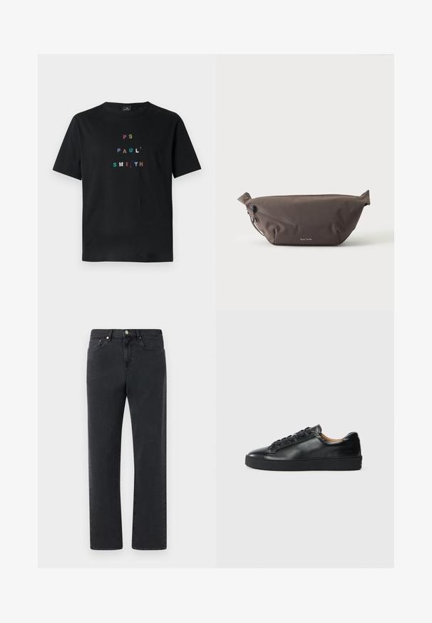 Sort bomulds T-shirt med multikolor, broderet tekst "PS PAUL' SMITH" arrangeret lodret i et moderne typografisk design. Korte ærmer.; Sorte denimjeans med et lige bendesign, fem lommer og metalhardware-accenter. Stoffet har en glat, let struktureret finish.; Sorte lædersneakers med en glat overflade, rund tå og snørebåndslukning. Har en tyk gummisål og minimal branddetalje.; Mørkebrun stof talje taske med diagonalt lynlåslomme og lille hvidt logo på fronten, sat mod en ensfarvet lys baggrund.