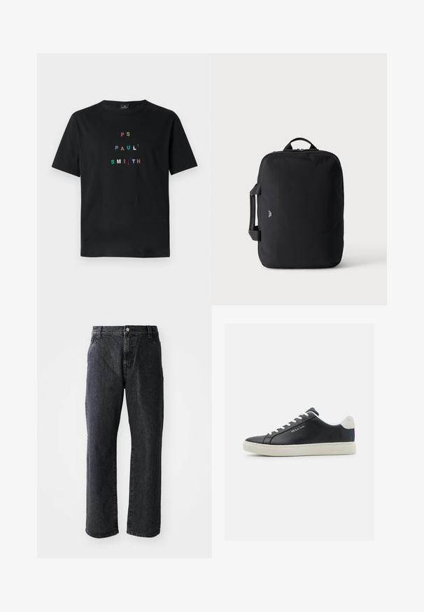 Sort bomulds T-shirt med multikolor, broderet tekst "PS PAUL' SMITH" arrangeret lodret i et moderne typografisk design. Korte ærmer.; Sorte denim jeans med lige snit, med knaplukning, fem lommer og subtil tekstur. Klassisk design uden fremtrædende mønstre.; Sorte læder sneakers med hvide snørebånd og gummisål. Har en blå, rød og grøn stribet detalje ved hælen. Indeholdt syede detaljer.; Sort rektangulær rejsetaske med top- og sidelommer, minimalistisk design og lille logo på fronten mod en ensartet lys baggrund.
