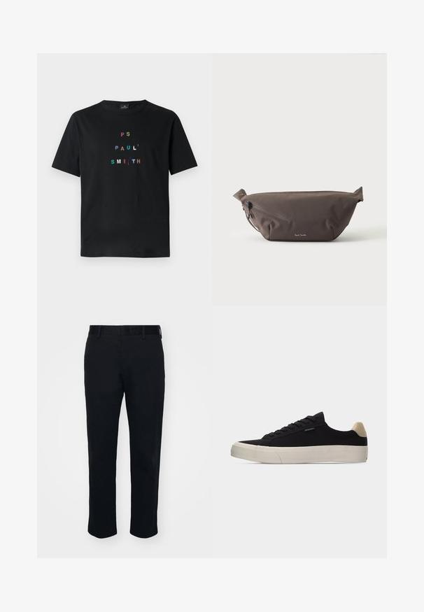 Čierne bavlnené tričko s krátkymi rukávmi, na ktorom je vyšívaný text "PS PAUL' SMITH" v mnohých farbách usporiadaný vertikálne v modernom typografickom dizajne.; Čierne nohavice s rovnými nohavicami, vyrobené z hladkej látky. Obsahujú pás a pútka na opasok, bez viditeľných vreciek alebo vzorov.; Čierna nízka teniska s béžovým pätkovým pásikom, bielou hrubou gumovou podrážkou, čiernymi šnúrkami a malou nášivkou "PS Paul Smith" na boku.; Tmavohnedá látková ľadvinka s diagonálnym zipsovým vreckom a malým bielym logom vpredu, na jednofarebnom svetlom pozadí.