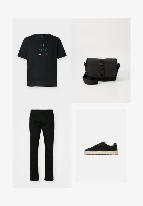 Čierne bavlnené tričko s krátkymi rukávmi, na ktorom je vyšívaný text "PS PAUL' SMITH" v mnohých farbách usporiadaný vertikálne v modernom typografickom dizajne.; Čierne džínsové nohavice so strihom rovného nohavice, štýlovaním s piatimi vreckami a zapínaním na gombík. Hladký materiál s jemnými švovými detailmi.; Čierna semišová nízka teniska s čiernymi šnúrkami a bielou gumovou podrážkou, bočný pohľad na jednotnom svetlosivom pozadí.; Čierna nylonová crossbody taška s chlopňou, ktorá má výrazné uzatváranie na popruh s logom, nastaviteľný popruh a detaily bočného šitia.