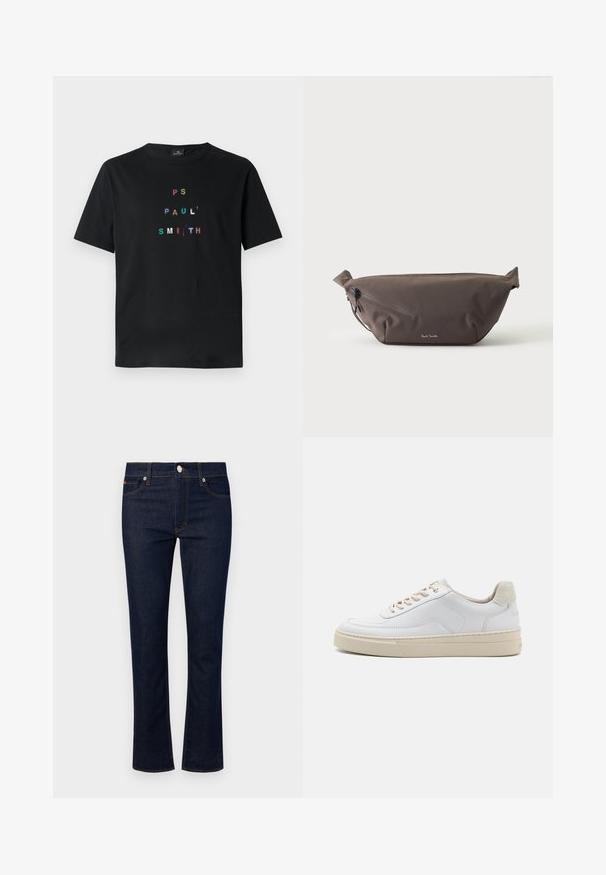 Sort bomulds T-shirt med multikolor, broderet tekst "PS PAUL' SMITH" arrangeret lodret i et moderne typografisk design. Korte ærmer.; Denimjeans i en mørkeblå vask, lige ben-design, fem lommer og kontrastsyning. Har en frontlukning med knap.; Hvide sneakers med en glat læderoverdel, beige snørebånd og en tekstureret beige ruskindsheel-tab. Hævet sål for ekstra højde.; Mørkebrun stof talje taske med diagonalt lynlåslomme og lille hvidt logo på fronten, sat mod en ensfarvet lys baggrund.