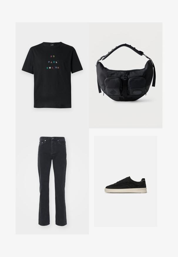 Schwarzes Baumwoll-T-Shirt mit mehrfarbigem, gesticktem Text "PS PAUL' SMITH", der vertikal in einem modernen Typografie-Design angeordnet ist. Kurze Ärmel.; Schwarze Jeans aus Denim mit geradem Bein, ausgestattet mit fünf Taschen und einem Knopfverschluss. Der Stoff hat eine subtile Textur und eine robuste Verarbeitung.; Schwarzer Wildleder-Low-Top-Sneaker mit schwarzen Schnürsenkeln und weißer Gummisohle, Seitenansicht auf schlichtem hellgrauem Hintergrund.; Schwarze, sichelförmige Schultertasche mit gepolstertem, verstellbarem Riemen und zwei vorderen Reißverschlusstaschen mit Zuglaschen.