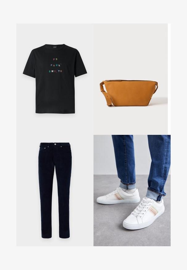 Sort bomulds T-shirt med multikolor, broderet tekst "PS PAUL' SMITH" arrangeret lodret i et moderne typografisk design. Korte ærmer.; Herre slim-fit mørkeblå kordfløjspants med for- og baglommer, bæltestropper og knaplukning.; Hvide lædersneakers med multicolore striber, snørebåndsdesign, gummisål og polstret krave, parret med blå denimjeans.; Lys brun læder crossbody taske med justerbar rem og lynlås, vist mod en ensartet lys baggrund.