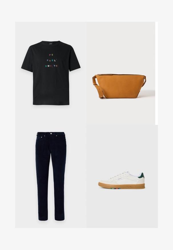 Camiseta de algodón negra con el texto bordado en multicolor "PS PAUL' SMITH" dispuesto verticalmente en un diseño tipográfico moderno. Mangas cortas.; Pantalones de pana oscuros tipo slim-fit para hombre, con bolsillos delanteros y traseros, trabillas para el cinturón y cierre de botón.; Zapatilla blanca de cuero con diseño perforado, suela de goma, acento verde en el talón y detalle de rayas coloridas en el lateral.; Bolso bandolera de cuero marrón claro con correa ajustable y cierre de cremallera, mostrado sobre un fondo claro y liso.