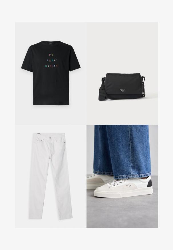 Čierne bavlnené tričko s krátkymi rukávmi, na ktorom je vyšívaný text "PS PAUL' SMITH" v mnohých farbách usporiadaný vertikálne v modernom typografickom dizajne.; Biele denimové džínsy so strihom rovného nohavice, dizajnom s piatimi vreckami a zapínaním na gombík. Obsahuje jemné švy a kovové akcenty.; Biele a čierne tenisky s hladkým koženým zvrškom, štruktúrovanými akcentmi a masívnou bielou podrážkou. Obsahujú klasický dizajn so šnurovaním.; Čierna crossbody taška s nastaviteľným popruhom a malým strieborným logom na prednej klape, zobrazená na jednoduchom svetlom pozadí.