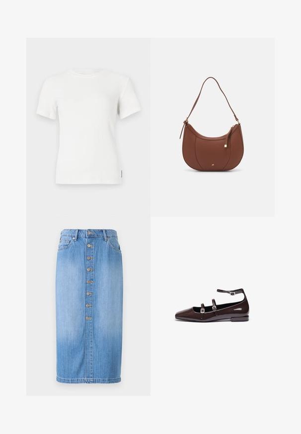 T-shirt à manches courtes côtelé blanc avec un col rond. Texture douce, design ajusté et détails de couture minimalistes.; Jupe midi en denim bleu avec une coupe droite, dotée d'une fermeture à boutons sur le devant, de cinq poches et d'un délavage pour une texture.; Ballerines en cuir verni marron avec un bout pointu, présentant deux sangles réglables et des boucles en argent, ainsi qu'un petit talon carré.; Sac à épaule en faux cuir brun, de forme arrondie, avec des coutures minimales et un accent en matériel doré. Il possède une fermeture zippée sur le dessus et une sangle réglable.