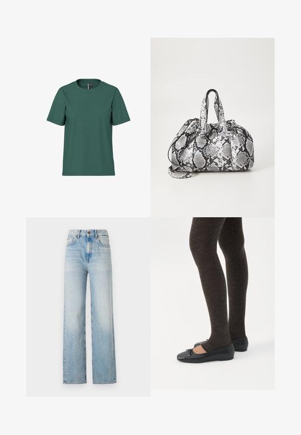 Kortærmet t-shirt i mørkegrøn bomuld med rund hals. Enkelt, udekoreret design og afslappet pasform. Blød tekstur, ingen mønstre.; Lyseblå, vide jeans lavet af denim, med høj talje, subtilt slid og traditionelt femlomme-design med kontrasterende syninger.; Ben iført mørke ribbede leggings kombineret med sorte balletsko med små sløjfedetaljer på hvid baggrund.; Håndtaske med sort og hvid slidmønster, to håndtag, snøre lukning og aftagelig skulderrem. Glat tekstur.