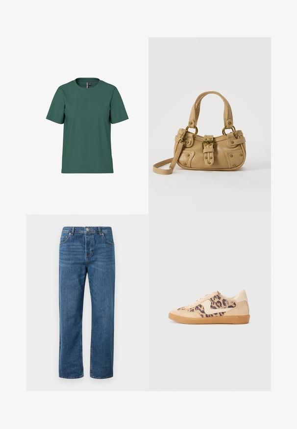 Kortærmet t-shirt i mørkegrøn bomuld med rund hals. Enkelt, udekoreret design og afslappet pasform. Blød tekstur, ingen mønstre.; Blå denimjeans med lige ben og høj talje. Funktioner inkluderer forlommer, knaplukning og diskrete stikninger.; Leopardprint sneakers med beige ruskindsoverdel, tan gummisål og hvide detaljer. Rund pegefinger og snørebåndsdesign med en tekstureret finish.; Beige læderhåndtaske med dobbelte håndtag, messing spænde og nitte detaljer samt en justerbar skulderrem mod en hvid baggrund.