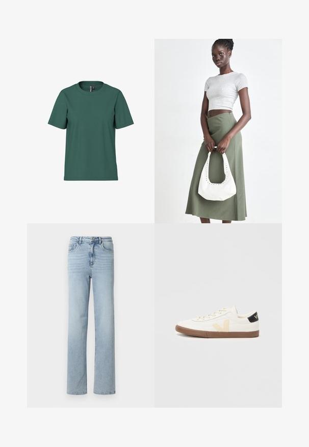 Kortærmet t-shirt i mørkegrøn bomuld med rund hals. Enkelt, udekoreret design og afslappet pasform. Blød tekstur, ingen mønstre.; Lyseblå denimjeans med lige ben, klassisk fem-lomme design og knap- og lynlåslukning i taljen.; Hvide sneakers lavet af glat syntetisk materiale, med et beige V-logo, lysbrun gummisål og sorte hælaccenter.; Grå ribbet crop top og olivengrøn højhøjdet nederdel. Modellen holder en hvid skuldertaske med udskæringsdetaljer. Enkel design, tætsiddende silhuet.