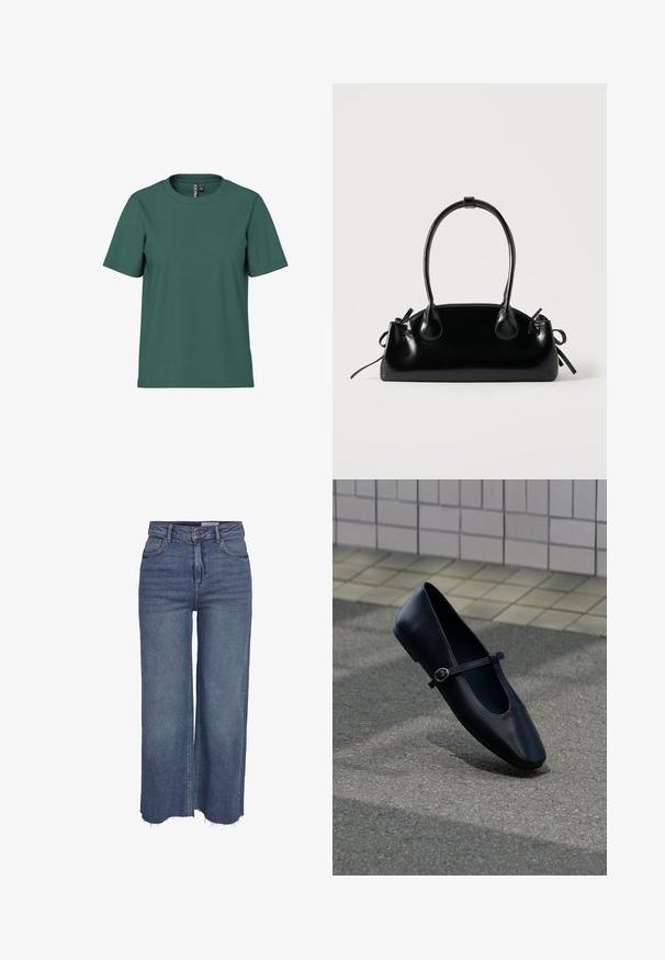 Kurzärmliges T-Shirt aus dunkelgrünem Baumwollstoff mit Rundhalsausschnitt. Schlichtes, ungeschmücktes Design und lockere Passform. Weiche Textur, keine Muster.; Blaue weit geschnittene Jeans mit hoher Taille, vorderem Knopf, Reißverschluss, fünf Taschen und ausgefransten Säumen.; Schwarzer Leder-Mary-Jane-Ballerina mit kleinem Schnallenriemen, auf grauem Asphaltboden nahe einer gefliesten Wand platziert.; Kleine schwarze glänzende Handtasche mit zwei langen Griffen und seitlichen Kordelzug-Details vor einfachem hellem Hintergrund.