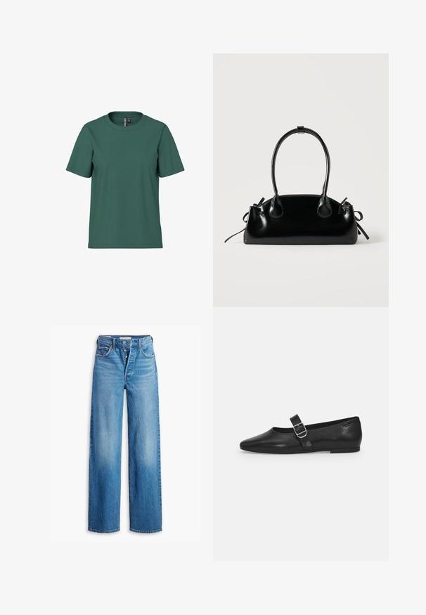 Korte mouwen t-shirt in donkergroene katoen met een ronde hals. Eenvoudig, onopvallend ontwerp en een ontspannen pasvorm. Zachte textuur, geen patronen.; Blauwe spijkerbroek met een hoge taille, wijde pijpen en vijf-pocketstijl. Voorzien van een knopenfly en een vervaagde afwerking.; Zwarte leren platte schoen met een ronde neus, een enkele verstelbare gespsluiting en een gladde, glanzende textuur. Minimalistisch ontwerp met een lage hak.; Kleine zwarte glanzende handtas met twee lange hengsels en zijkant trekkoord details op een effen lichte achtergrond.